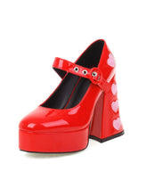 Heart Pink Shiny Patent Leather Buckle Flared Chunky Heel Round Toe Platform Mary Jane Pumps